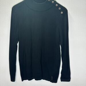Calvin Klein Black Mock Neck Sweater Gold Button Shoulder Women’s M Pullover